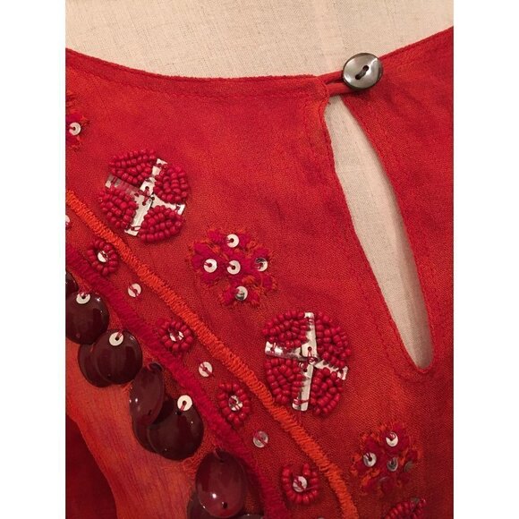 Chico's 0 Short Sleeve Silk Chiffon Top Embellished Cinch Tie Waist Orange - Picture 3 of 4